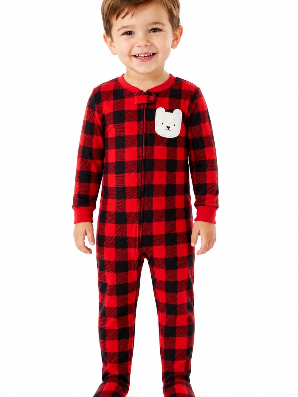 Carter's Red and Black Buffalo Plaid Footed One-Piece with Bear Patch-3T